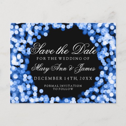 Elegant Save The Date Blue Sparkly Lights Announcement Postcard