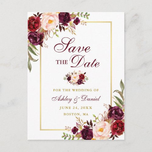 Elegant Save the Date Burgundy Floral Gold Announcement Postcard