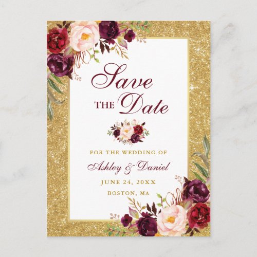 Elegant Save the Date Burgundy Floral Gold Glitter Announcement Postcard