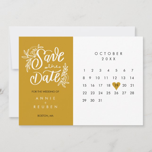Elegant Save the Date Calendar Gold Love Heart (Front)