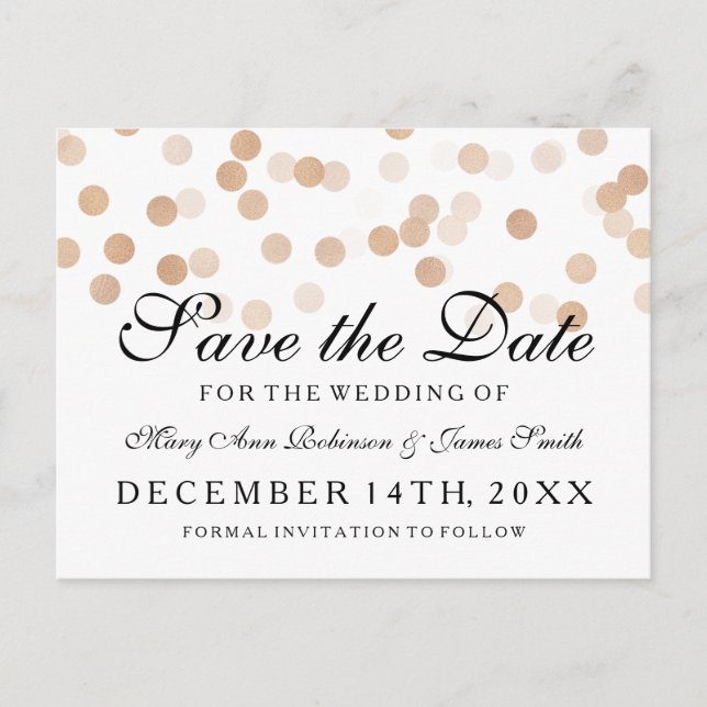 Elegant Save The Date Copper Foil Glitter Lights Announcement Postcard (Front)