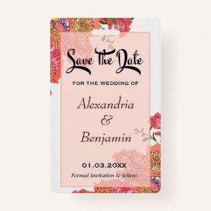 Elegant Save The Date Coral Flower Watercolor Badge