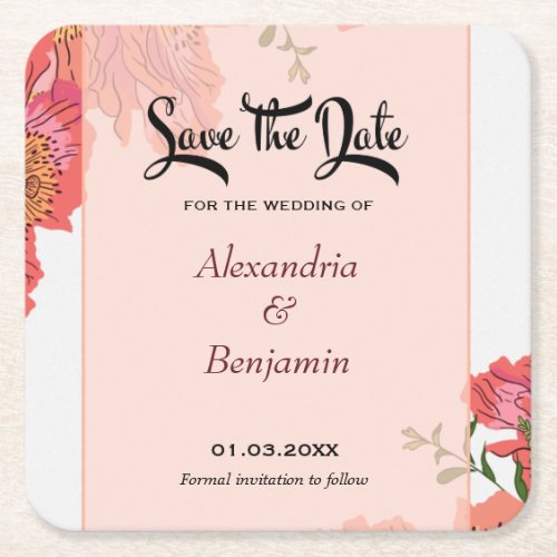 Elegant Save The Date Coral Flower Watercolor Square Paper Coaster