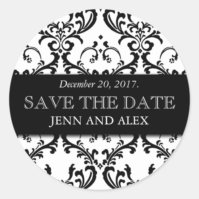 Elegant Save the Date Damask Stickers Black (Front)
