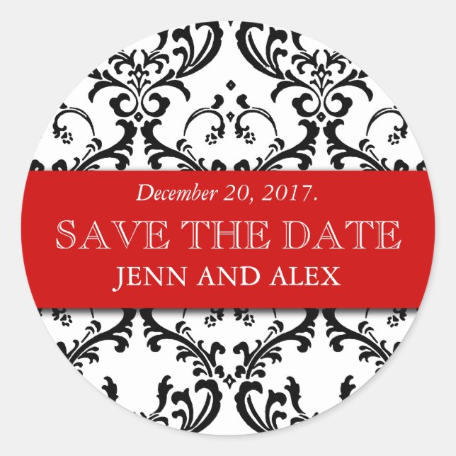 Elegant Save the Date Damask Stickers Red (Front)