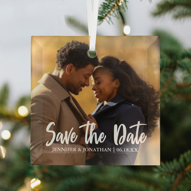 Elegant Save the Date Engagement Photo Christmas Glass Ornament (Creator Uploaded)