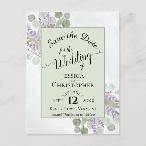 Elegant Save the Date Eucalyptus  Lavender Green Announcement Postcard