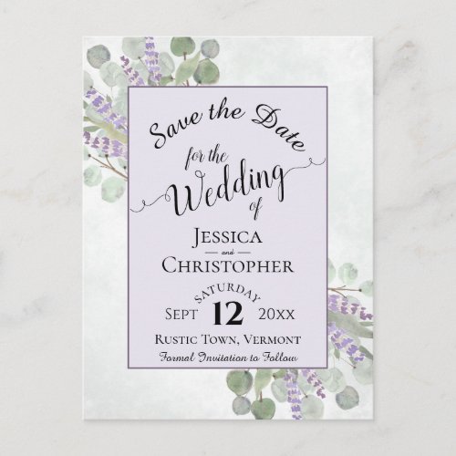 Elegant Save the Date Eucalyptus  Lavender Purple Announcement Postcard