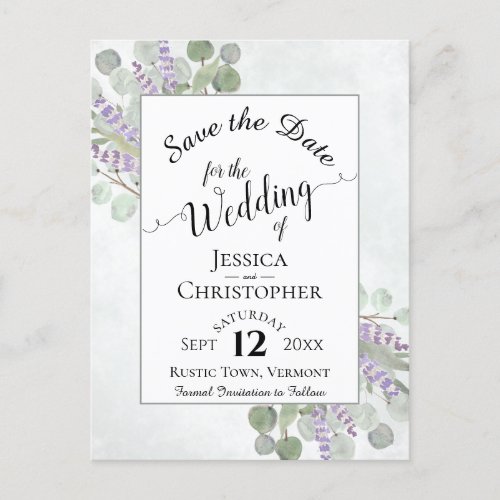 Elegant Save the Date Eucalyptus  Lavender White Announcement Postcard