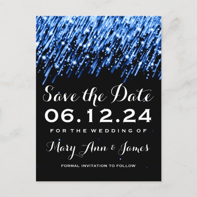 Elegant Save The Date Falling Stars Sapphire Blue Announcement Postcard (Front)