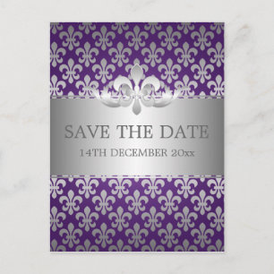 Elegant Save The Date Fleur De Lis Purple Announcement Postcard