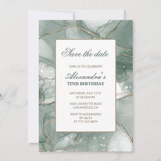 Elegant Save the date Green 72nd birthday Invitation (Front)