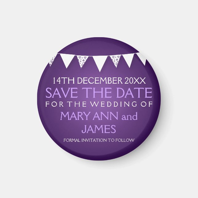 Elegant Save The Date Love Bunting Purple Magnet (Front)