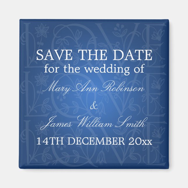 Elegant Save The Date Love Flourish Blue Magnet (Front)