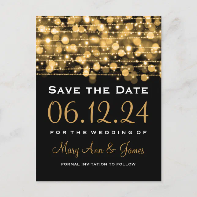 Elegant Save The Date Party Sparkles Gold Announcement Postcard | Zazzle