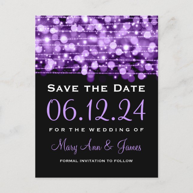 Elegant Save The Date Party Sparkles Purple Announcement Postcard (Front)