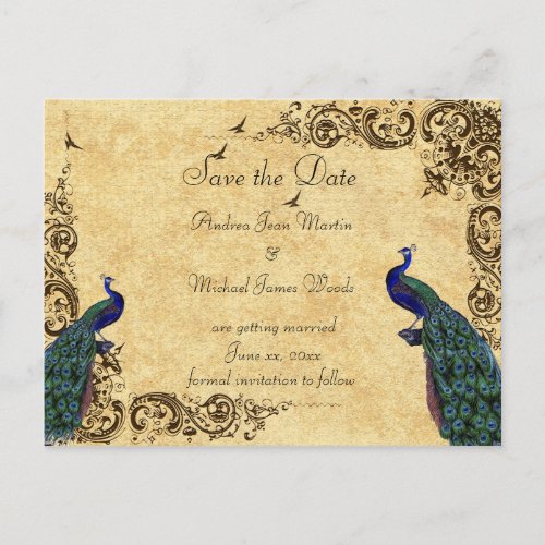 Elegant Save the Date Peacocks Custom Announcement Postcard