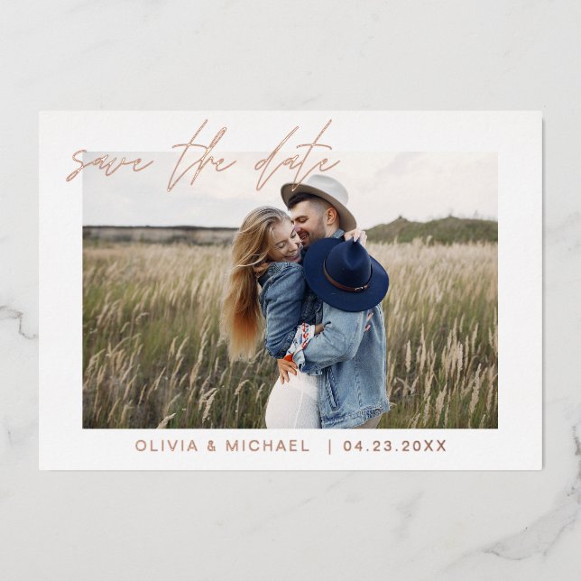 Elegant Save the Date Photo Minimalist Rose Gold Foil Invitation (Front)