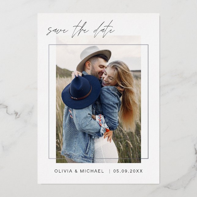 Elegant Save the Date Photo Minimalist Silver Foil Invitation (Front)