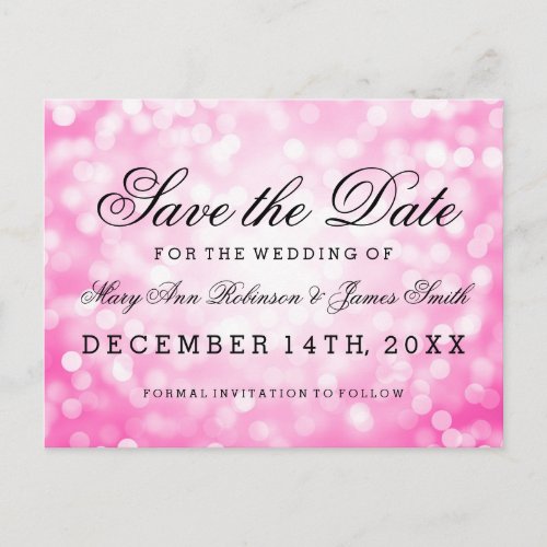 Elegant Save The Date Pink Glitter Lights Announcement Postcard