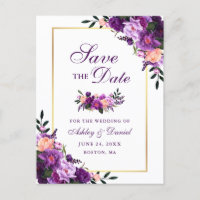 Elegant Save the Date Purple Violet Floral Gold
