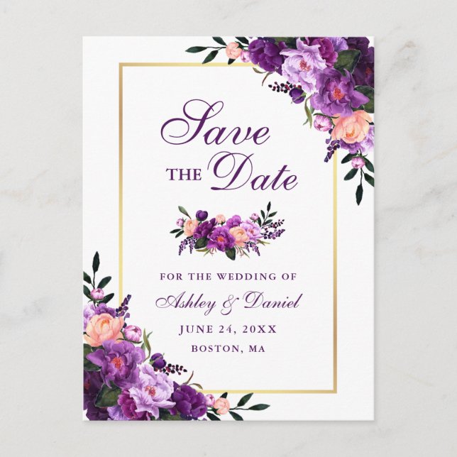 Elegant Save the Date Purple Violet Floral Gold Announcement Postcard (Front)