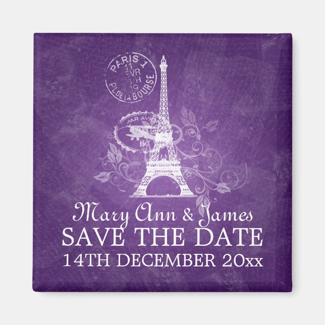 Elegant Save The Date Romantic Paris Purple Magnet (Front)