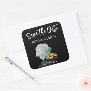 Elegant Save the Date Script White Rose Gold Rings Square Sticker
