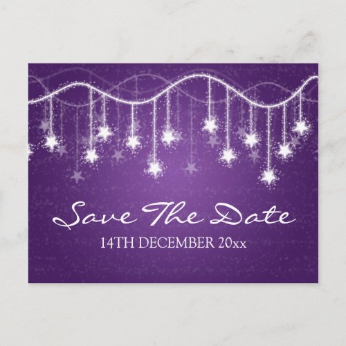 Elegant Save The Date Shimmering Stars Purple Announcement Postcard