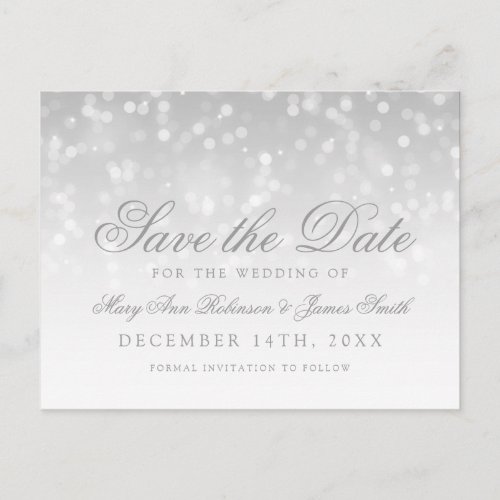 Elegant Save The Date Silver Bokeh Sparkle Lights Announcement Postcard