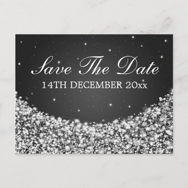 Elegant Save The Date Star Sparkle Black Announcement Postcard (Front)