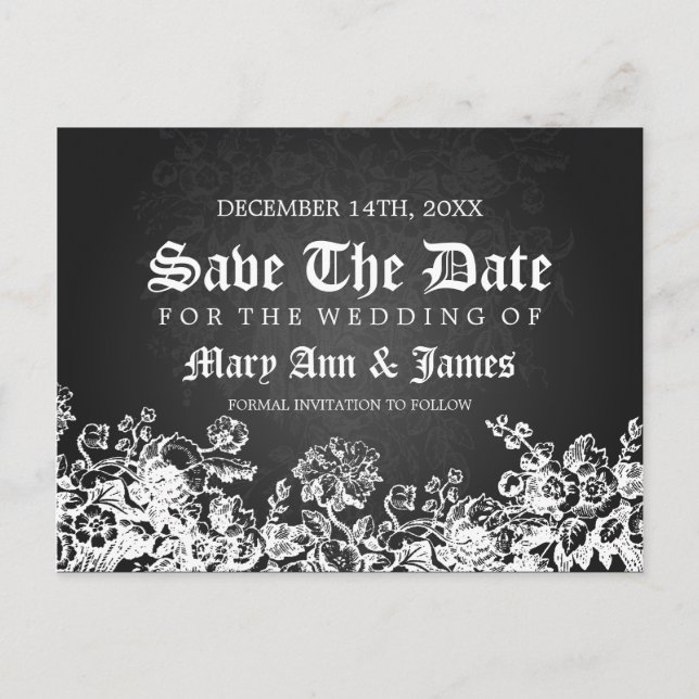 Elegant Save The Date Victorian Flourish Black Announcement Postcard (Front)