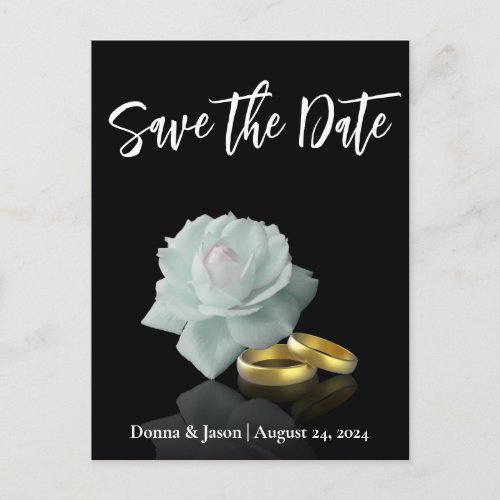 Elegant Save the Date White Rose Gold Rings Script Announcement Postcard