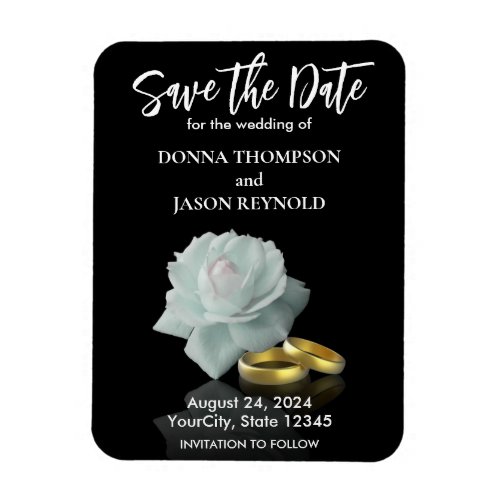 Elegant Save the Date White Rose Gold Rings Script Magnet