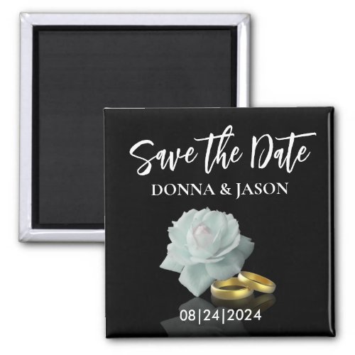 Elegant Save the Date White Rose Gold Rings Script Magnet