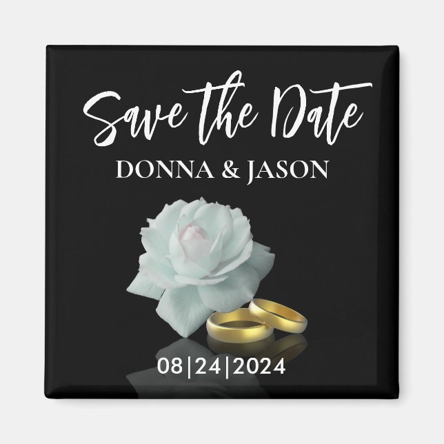 Elegant Save the Date White Rose Gold Rings Script Magnet (Front)