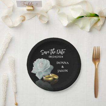 Elegant Save The Date White Rose Gold Rings Script Paper Plates by SorayaShanCollection at Zazzle