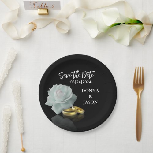 Elegant Save the Date White Rose Gold Rings Script Paper Plates