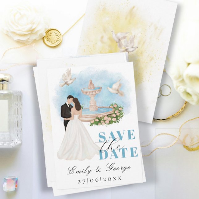 Elegant Save the Date with Bride & Groom Fountain Invitation (Creator Uploaded)