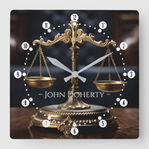 Elegant Scales of Justice  Lawyers Name Square Wall Clock