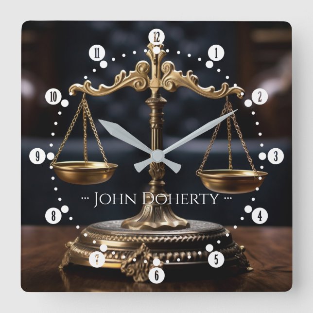 Elegant Scales of Justice | Lawyers Name Square Wall Clock (Front)
