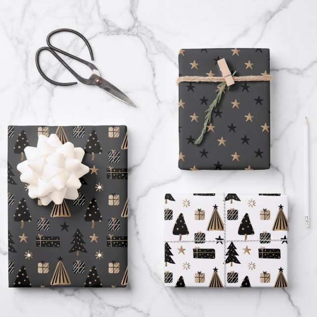 Elegant Scandi Christmas Gold & Black Wrapping Pap Paper Sheets (Front)