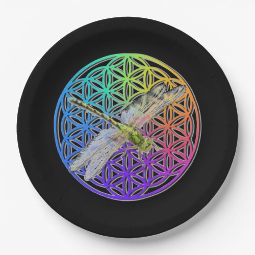 Elegant scared geometry colorful dragonfly art paper plates