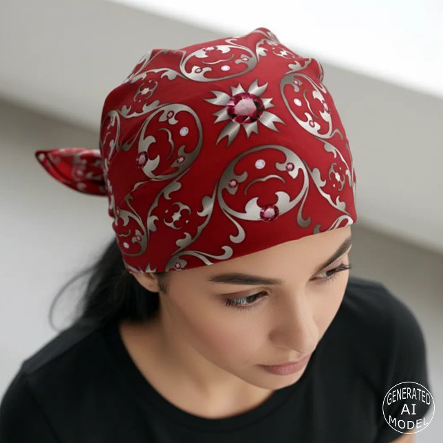 Elegant Scarlet Red Silver Baroque Scrollwork Ruby Bandana (Creator Uploaded)