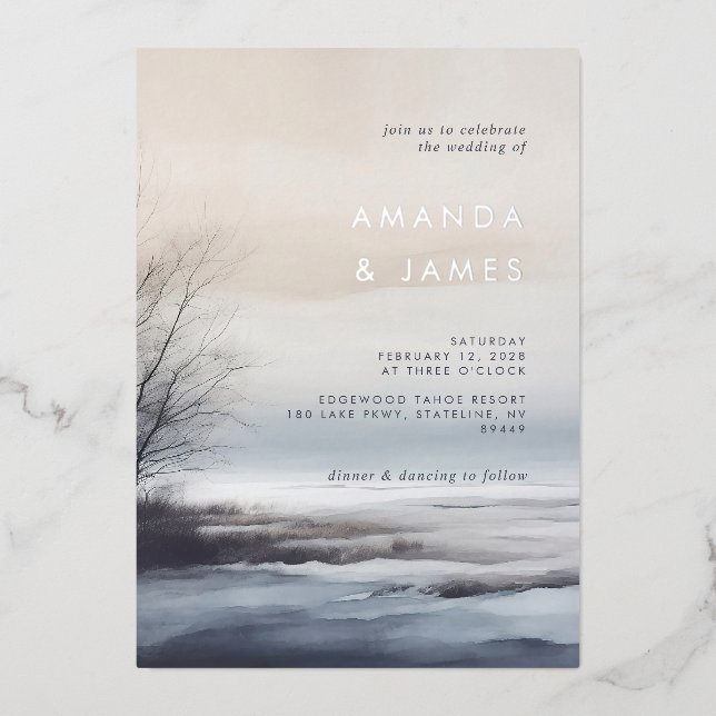 Elegant Scenic Abstract Landscape Winter Wedding Foil Invitation (Front)