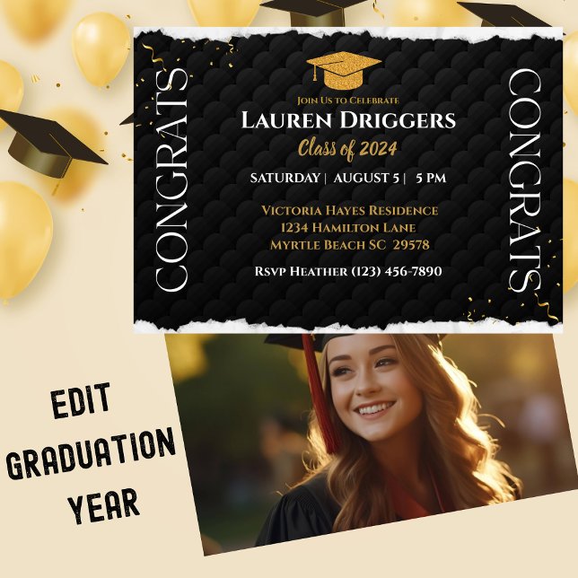 Elegant School Graduation Photo Year Glitter Invitation (Creator Uploaded)