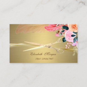 Elegant Scissors,Flowers Feather Faux Gold  Business Card