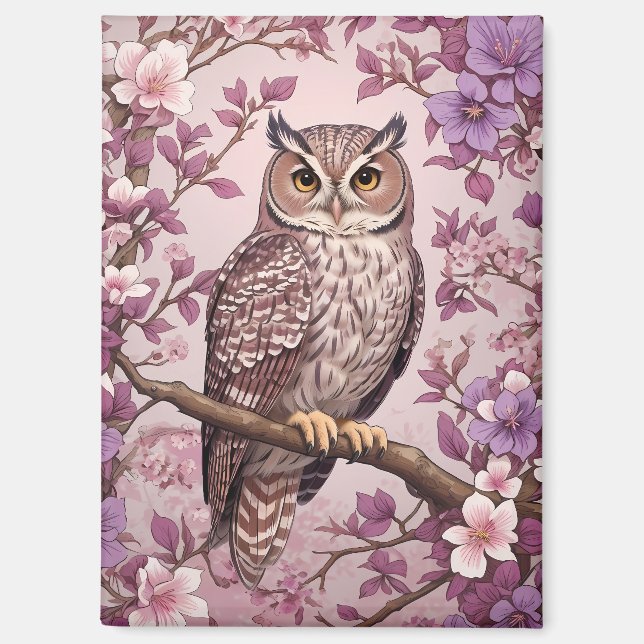 Elegant Scops Owl Purple Floral Magnet (Front)