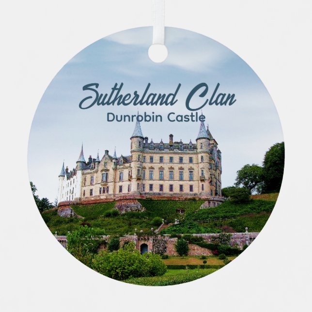 Elegant Scottish Clan Sutherland Castle & Tartan Metal Ornament (Front)