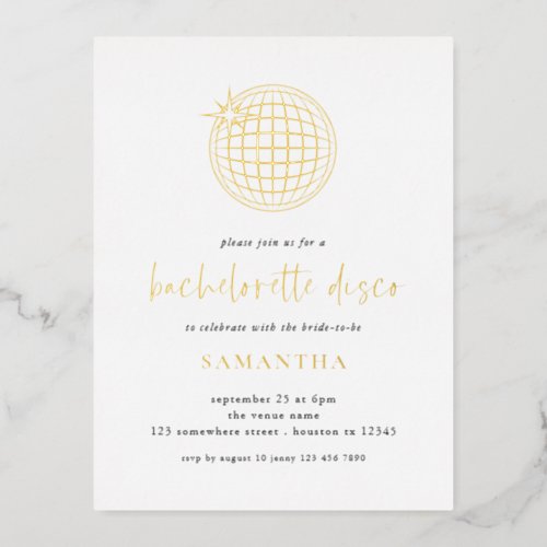Elegant Scriot Disco Ball Bachelorette Party Real Foil Invitation Postcard
